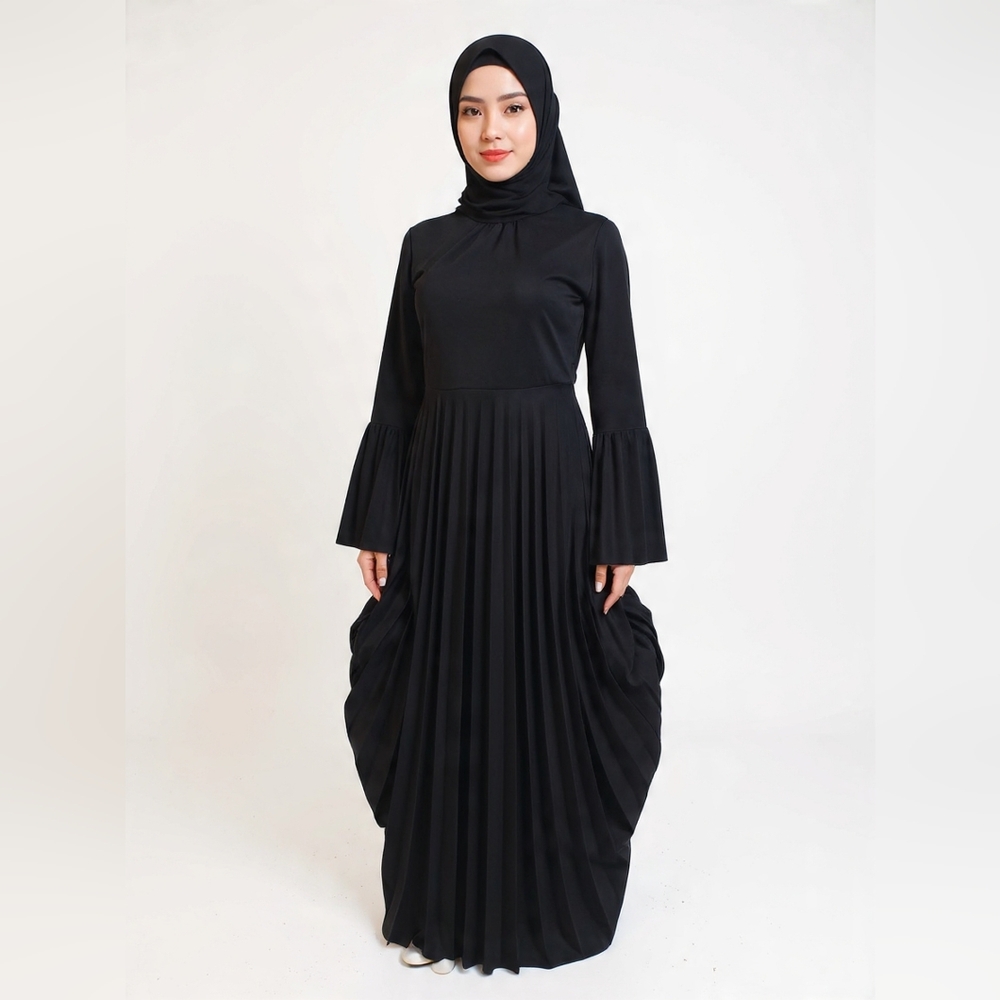 Modest Black Pleated Long-Sleeve Maxi Dress